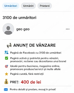    Pagină Facebook cu 3.500 urmăritori   400 lei