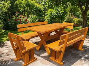 Set mobilier rustic din lemn masiv pentru grădină   masă, 2 bănci și 2 scaune