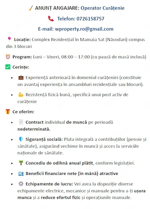 Loc de munca operator curatenie complex rezidential