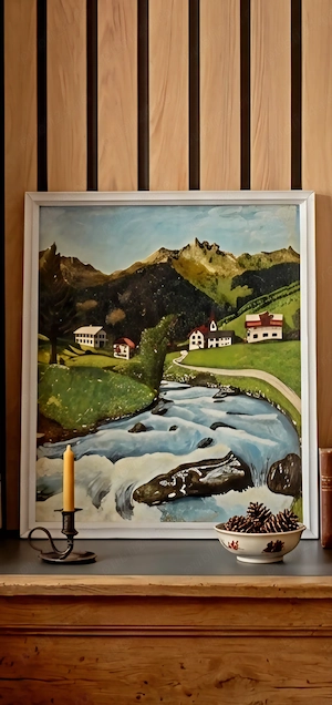 Ofertă!!! Tablou în ulei 50 cm X 60 cm, "Serenitate Alpină", ramă recondiționată