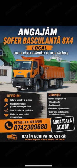 Angajez sofer basculanta local Sibiu Cârța Sambata de Jos Fagaras 