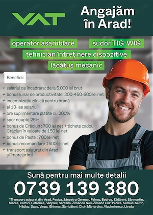 Angajam operator asamblare lacatus mecanic sudor TIG WIG in Arad
