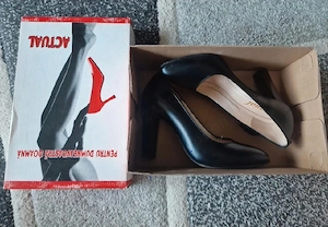Pantofi piele naturală Actual negri toc gros