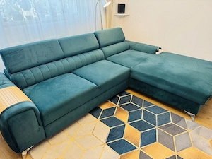 Canapea extensibilă verde, colțar cu ladă de depozitare   275x205 cm