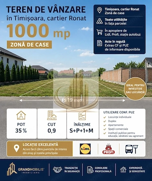 Teren Mehala-Ronaț | 1.000 mp | PUZ | Duplex / Apartamente