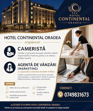 Hotel Continental Oradea angajează cameristă și agentă de vânzări