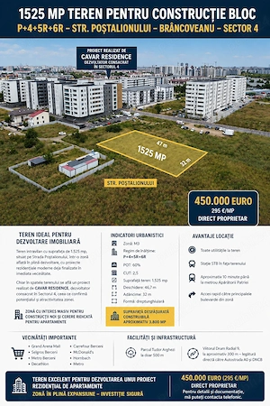 1525 mp teren pentru constructie bloc P+4+5R+6R - Str Postalionului - Brancoveanu - sector 4
