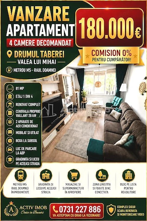 Vanzare - 4 camere - Drumul Taberei - Metrou  Raul Doamnei -  mobilat - utilat - 180000E - centrala 