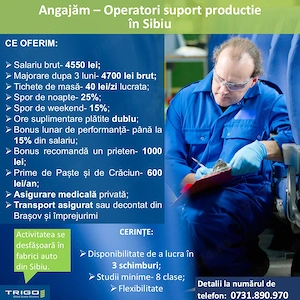 Angajam operatori suport productie in SIBIU