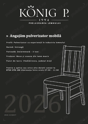 Angajăm Pulverizator cu experiență în industria lemnului - Perioadă: Determinată 3 luni