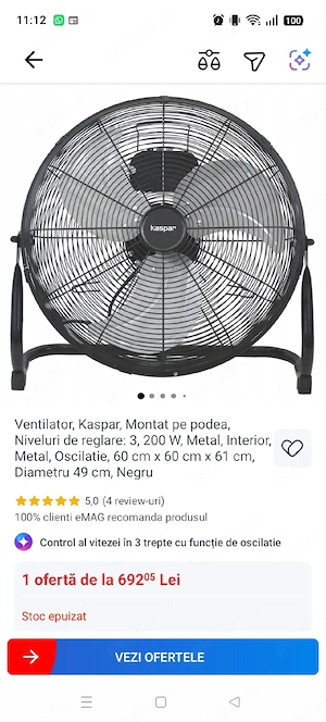 Ventilator de podea metalic Kaspar, 200W, oscilant   Ca nou!