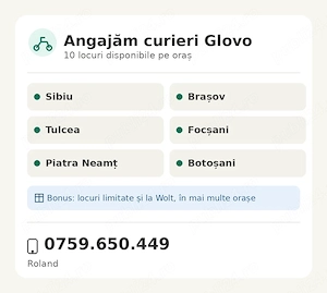 Angajăm curieri Glovo - Sibiu, Brașov, Tulcea, Focșani, Piatra Neamț, Botoșani