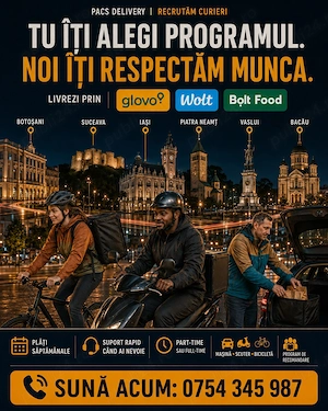 Angajam curieri livratori Glovo, Wolt, Bolt Iasi, plata saptamanala, program flexibil