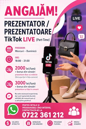 Anunț de angajare: Prezentator   Prezentatoare TikTok LIVE (Part-Time)