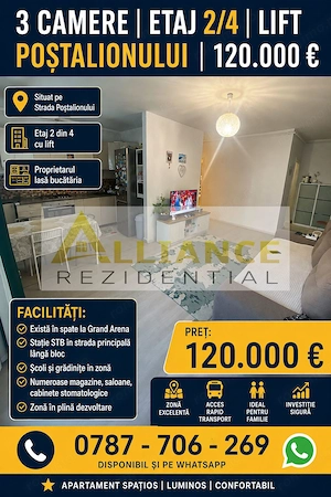 3 Camere | Etaj 2/4 | Lift | Poștalionului | 120.000 €