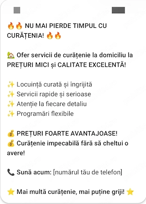Ofer servicii de curățenie la domiciliu clientului 