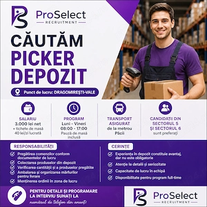 Angajam Picker Depozit - URGENT - Dragomiresti Vale - Transport asigurat