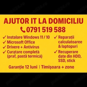 Reparații Calculatoare Laptop la Domiciliu Instalare Windows 11 10 Office Curățare SSD RAM Recuperar