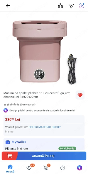 Masina de spalat pliabila 11L cu centrifuga, roz, dimensiuni 31x22x22cm