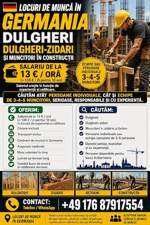 Căutăm dulgheri,dulgheri-zidari Pentru Germania