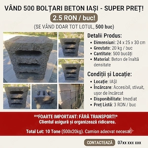 Lichidare Stoc Iași: 500 Bolțari Beton (24x25x30) - Preț IMBATABIL 2.5 Lei Buc!