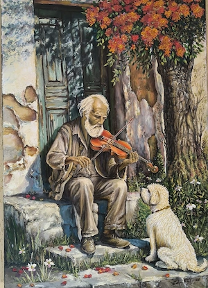 Tablou pictat manual în ulei pe pânză 100 x 70 cm Bătrân cu Vioara și Câine 