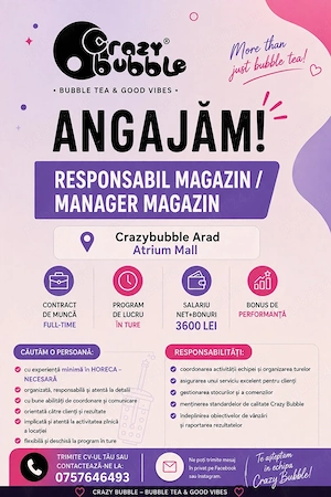 Crazybubble Arad angajeaza Manager