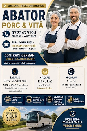 Locuri de muncă  la abator- Germania - Fără experiență  ! 
