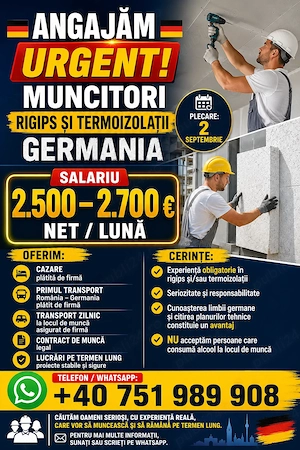 Angajăm urgent muncitori rigips- termoizolații 2.500-2700.  