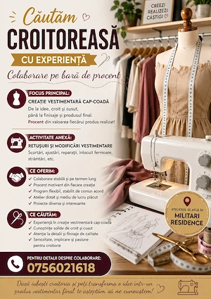    Căutăm Croitoreasă pentru Creație Vestimentară   Colaborare cu Procent din Fiecare Produs 