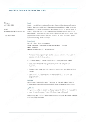 Student anul 3 Kinetoterapie   Caut job part-time   ajutor kinetoterapeut