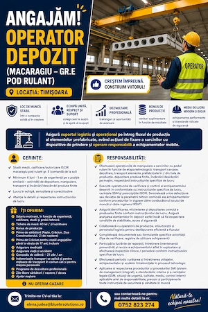ANGAJAM Operator depozit  (macaragiu gr.E pod rulant)  - locatia Timisoara