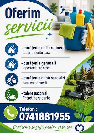 Oferim servicii de curățenie și intrtinere, locuințe, spatii comerciale, birouri. 