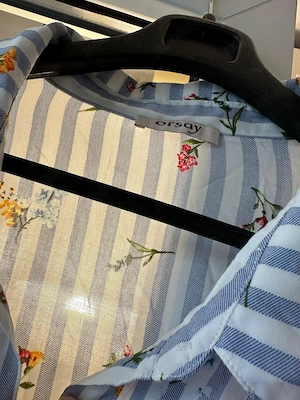 Cămașă damă Orsay cu dungi bleu-alb și imprimeu floral, lejeră   primăvară-vară   Mărimea [M L]
