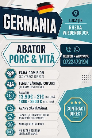 Locuri de muncă  la abator- Germania - Fără experiență  ! 