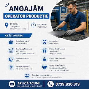  Angajăm Operator Producție   Timișoara - 3 schimburi
