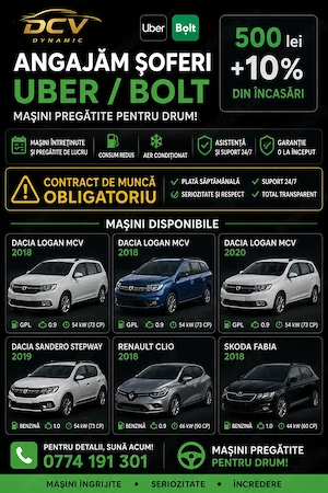 Șoferi Uber   Bolt   Mașini 2018+ | 500 lei + 10% | Garanție 0 lei La Început 