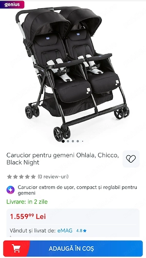 Cărucior de copii pentru gemeni Chicco OHLALA TWIN Black Night negru 