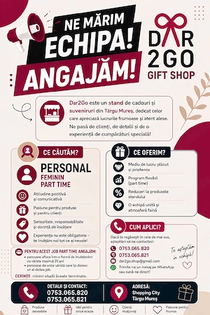 Angajam Lucrător Comercial,la un Stand de Suveniruri,program Part Time