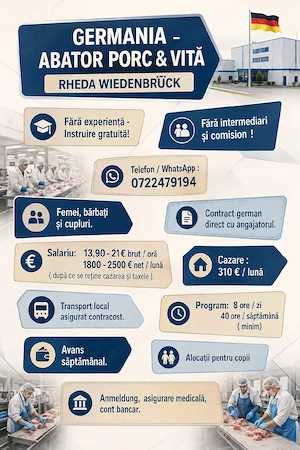 Locuri de muncă  la abator- Germania - Fără experiență  ! 