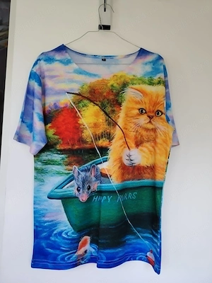 Tricou cu o pisica si-un soricel, intr-o barca, marimea 38-40 M