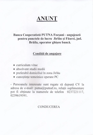 Banca Cooperatistă PUTNA Focșani - angajează pentru punctele de lucru  Jirlău și Făurei, jud. Brăila
