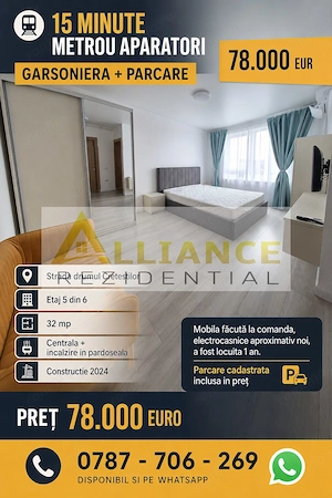 15 MINUTE METROU APARATORI - GARSONIERA + PARCARE - 70.000euro