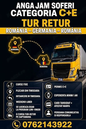 Angajam sofer profesionist C+E, TUR-RETUR,