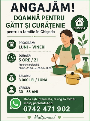Căutăm doamna pentru curățenie și menaj