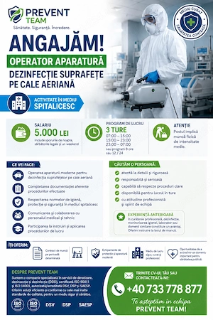 Operator dezinfecție în spital   5.000 lei   București
