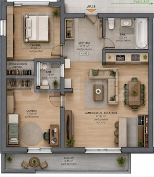 Apartament Generos 3 Camere | Zona Tudor | 74,62 mp