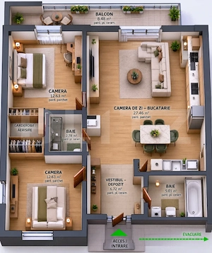Apartament 3 Camere, 74,62 MP – Tudor | Bloc Nou