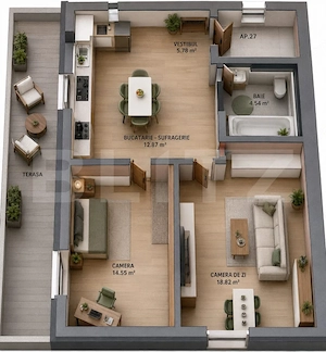 Apartament 2 camere în bloc nou | 56,96 mp + balcon 17 mp