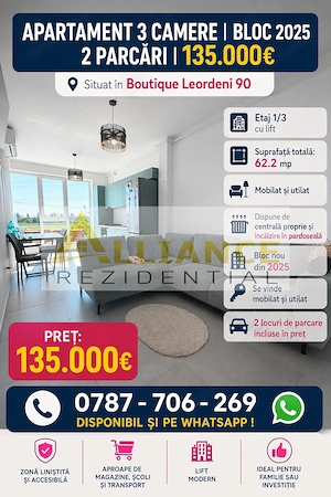 Apartament 3 camere | Bloc 2025 | 2 parcări | 135.000€